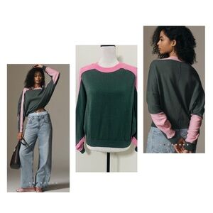 Anthropologie Maeve Women’ Small Dolman Sleeve Color-Blocked Sweater Green Pink